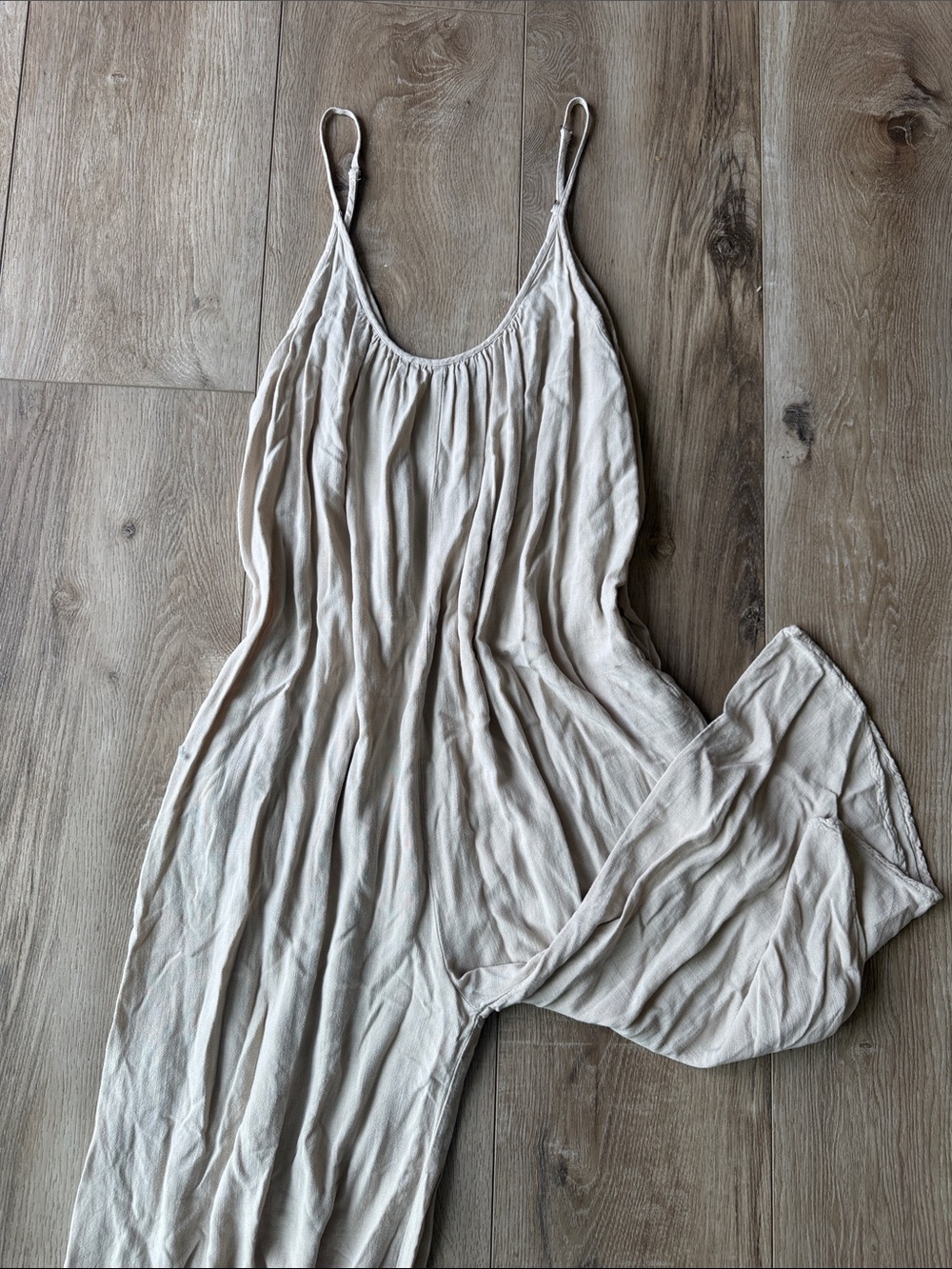 Shinestar Beige/Cream Lightweight Spaghetti Strap Jumpsuit Large